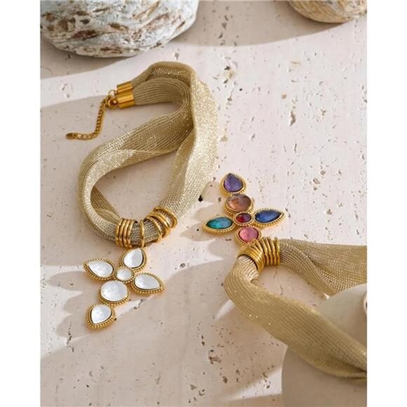 White Glass Cross Necklace | Sparkly Mesh Choker | Elegant Adjustable - Picture 5 of 5